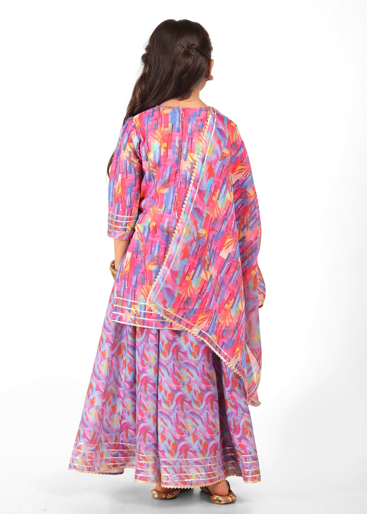 "Back view of a girl showcasing a colorful ethnic outfit, featuring intricate patterns and a matching dupatta."