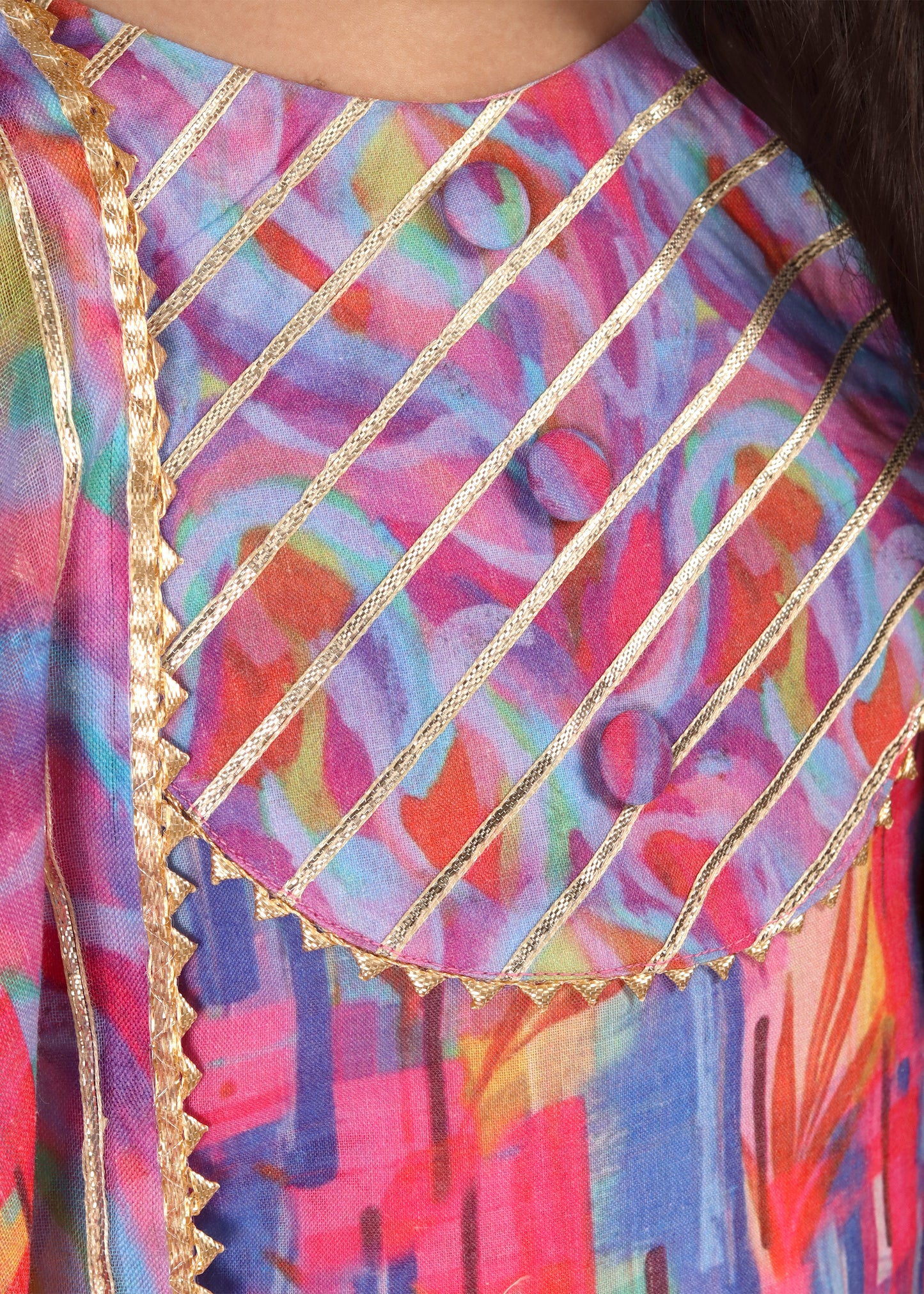 "Close-up of the detailed neckline design with golden embellishments on a multicolor ethnic dress."