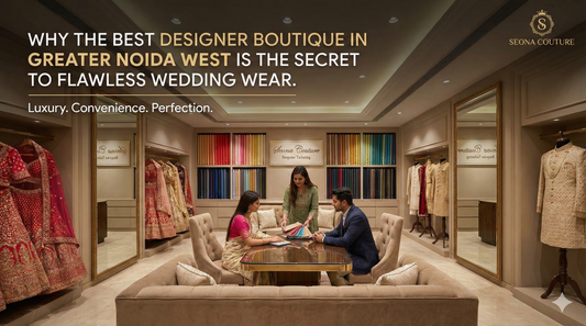 Inside Seona Couture, the best designer boutique in Greater Noida West. A couple sits in a luxury consultation room surrounded by custom bridal lehengas, sherwanis, and a wall of premium fabrics.