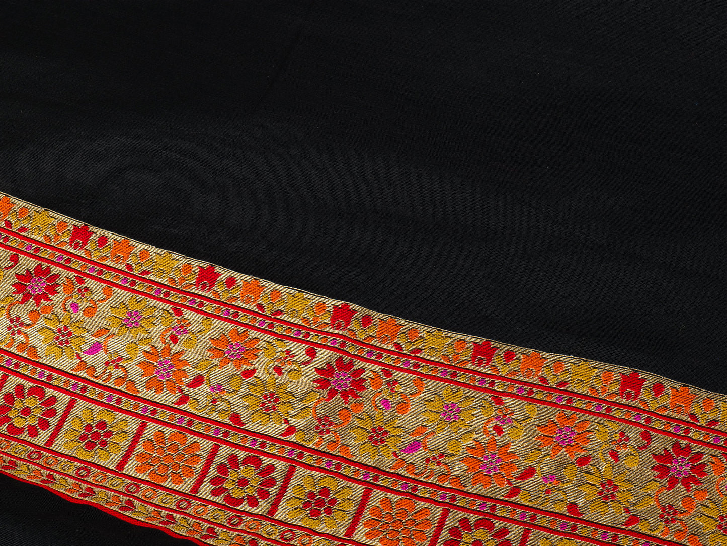 Exquisite Floral Embroidered Black Silk Saree with Rich Golden Border