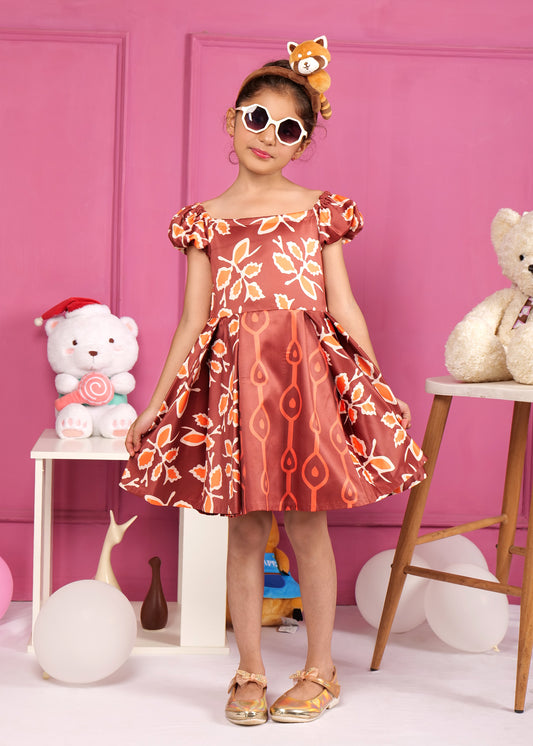 Girl wearing a brown and orange floral print satin dress with puffed sleeves, accessorized with a cute animal-themed headband and sunglasses, posing in a playful studio setting.