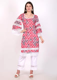 "Model in floral print red kurti with white lace detailing on sleeves and hem, paired with white straight pants"