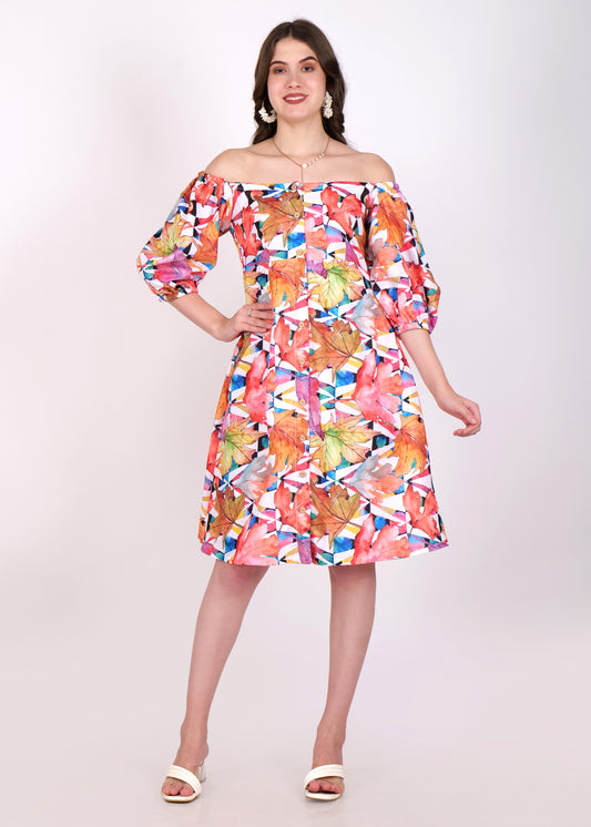 off-shoulder dress, floral print dress, colorful dress, leaf print dress, button-down dress, casual summer dress, boho style dress, A-line dress, women's fashion, vibrant dress, geometric print dress, three-quarter sleeve dress, trendy dresses 2024, lightweight summer dress, fashionable casual wear