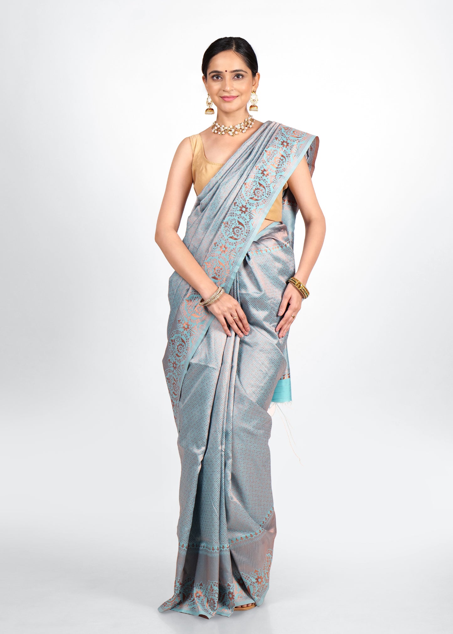 Model wearing a light blue Banarasi silk saree with intricate floral brocade and zari border, accessorized with gold jewelry