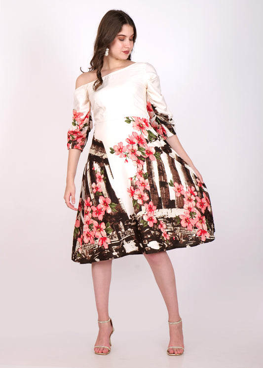 Model in a floral off-shoulder satin A-line dress with ruched sleeves, showcasing a bold pink flower pattern and abstract brown accents