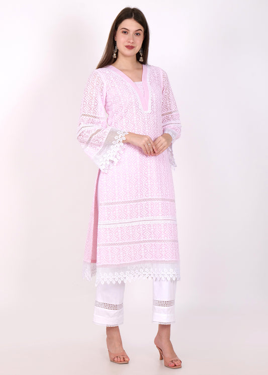 Full front view of a pink embroidered lace kurta paired with white pants, styled elegantly with traditional earrings.