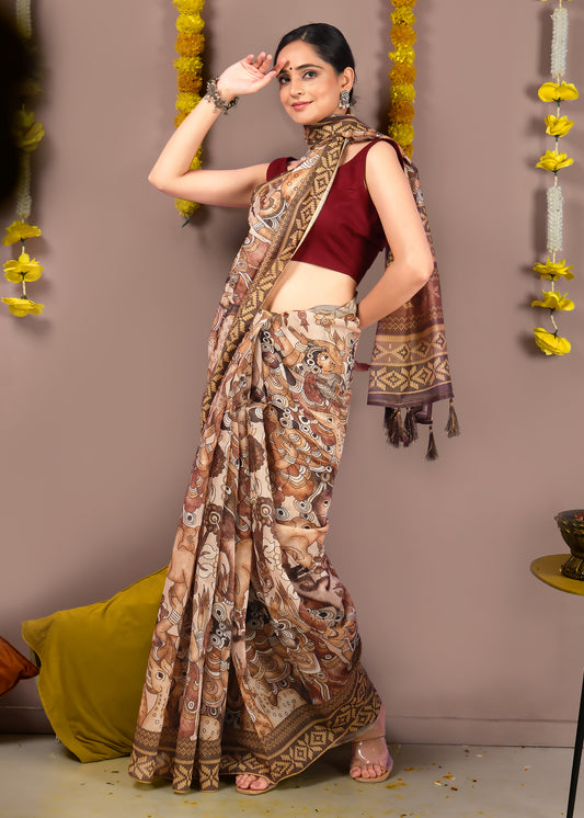 Side view of a model draped in a folk art-inspired saree, featuring detailed motifs of animals and nature, perfect for festive wear