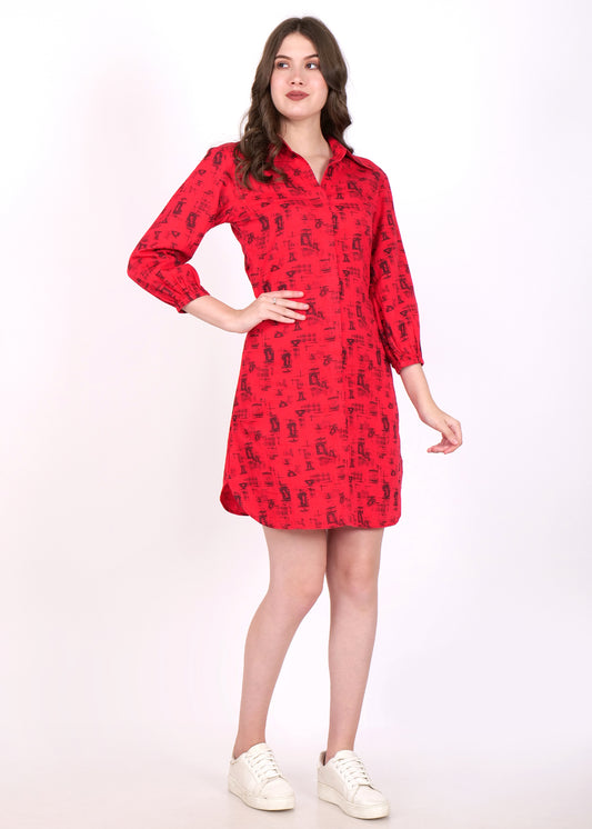 Full front view of a woman in a red and black abstract print shirt dress, styled with white sneakers for a casual look.