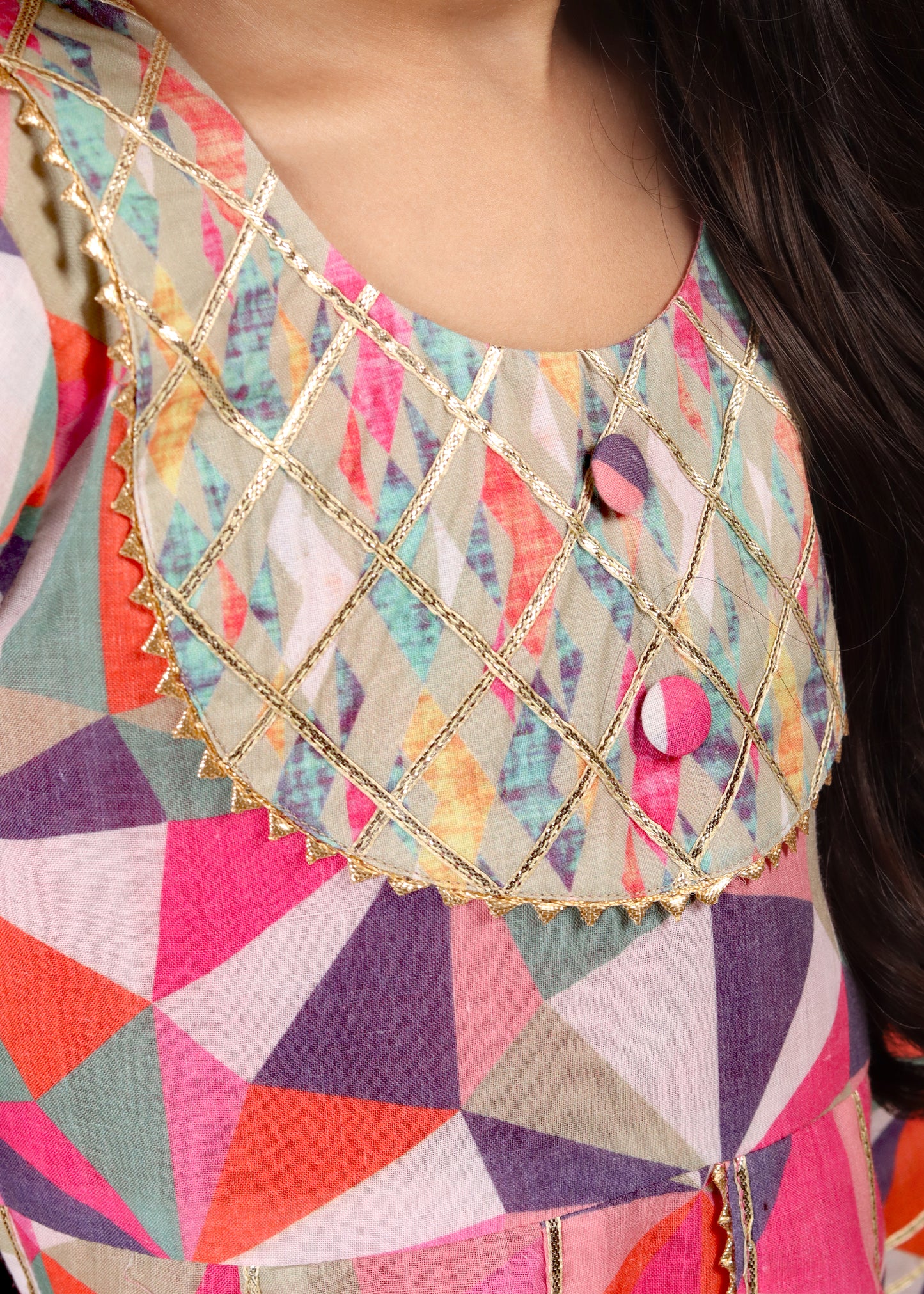 Close-up of a geometric patterned kurta neckline with gold detailing and buttonwork, highlighting the vibrant colors and intricate embroidery. This traditional design is perfect for