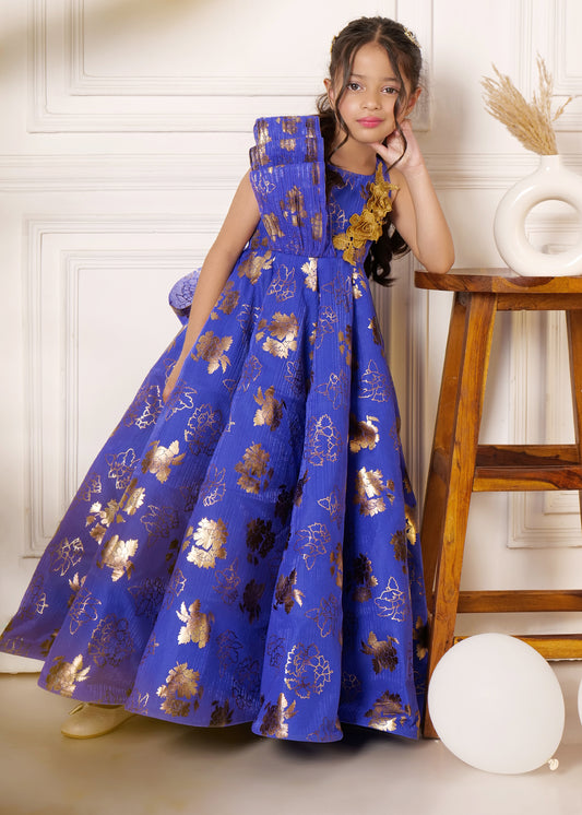 Beautiful blue and gold gown for girls, featuring a detailed floral print and ruffle shoulder design, ideal for special events