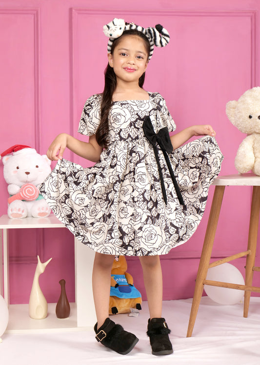 Young girl standing in a black and white floral print dress with puffed sleeves and a black velvet bow, showcasing the elegant flow of the skirt.