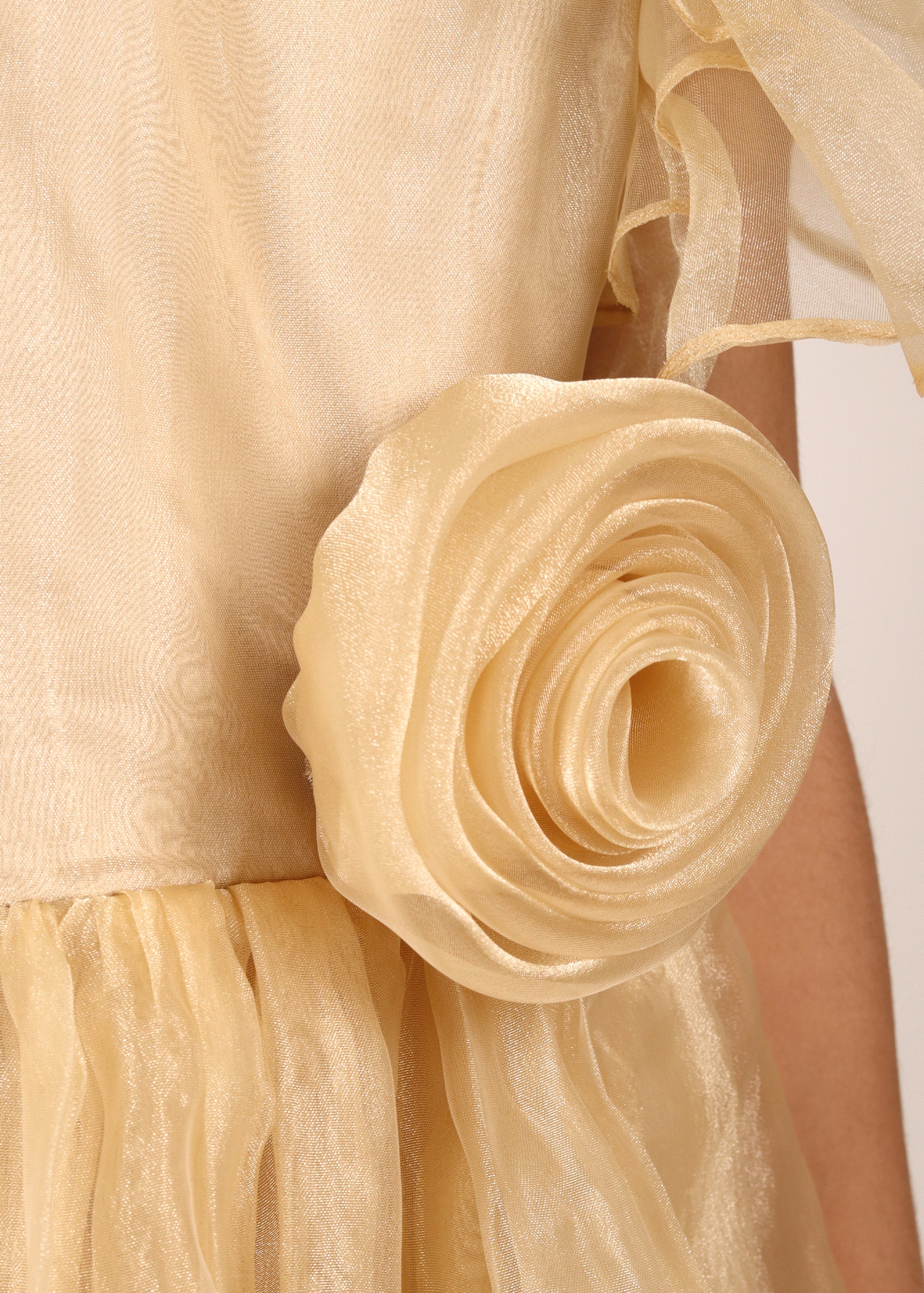 "Detailed close-up of a floral waist detail on a gold organza dress, showcasing the delicate craftsmanship of the fabric and design."