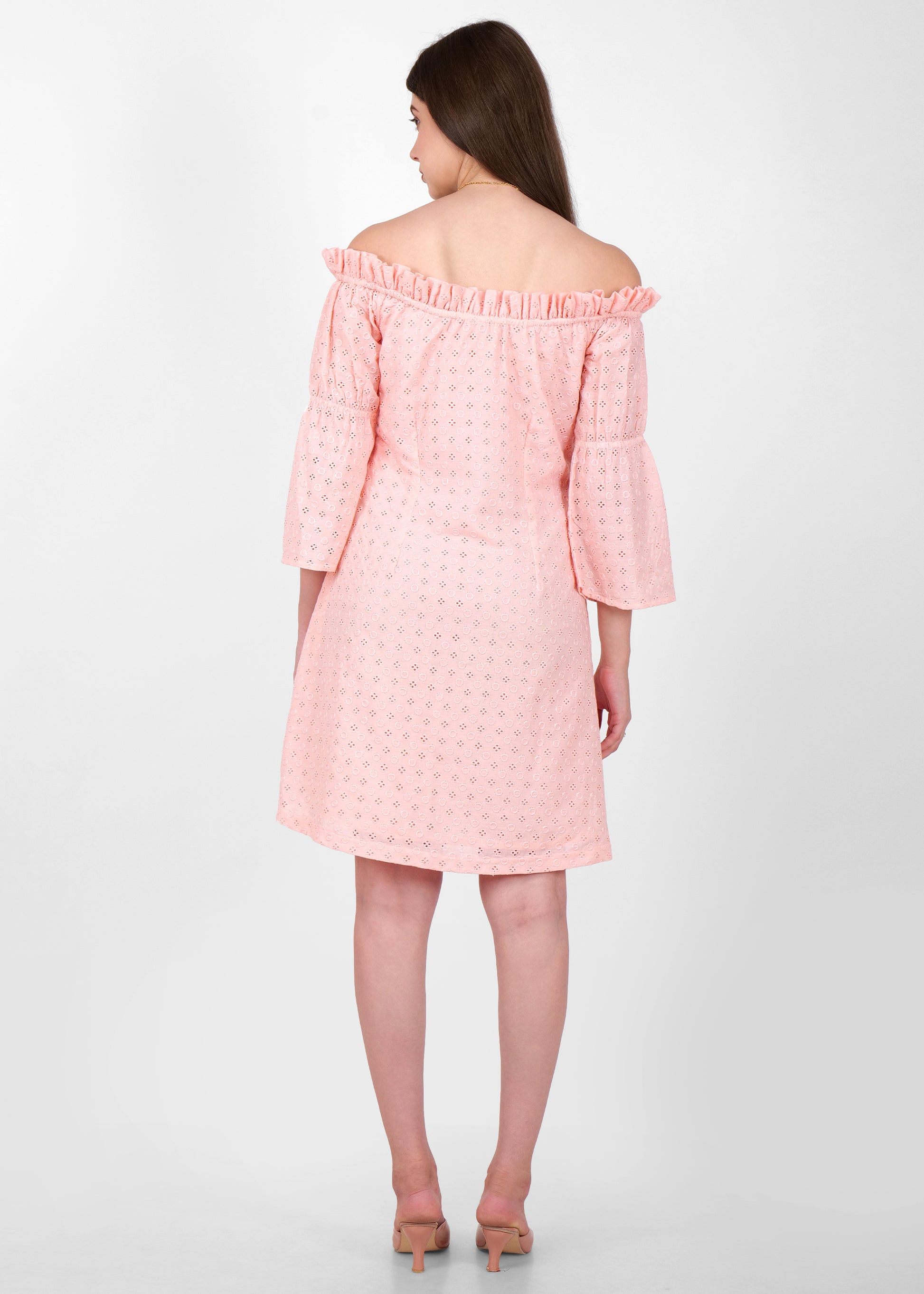 blush pink off shoulder ruffle evening dress with sleeves Blush Pink Prom Dress: Long Sleeve Off-Shoulder Formal Gown