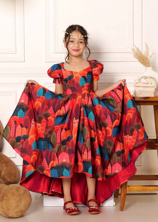 A young girl in a beautiful, colorful gown poses with the skirt fanned out, showcasing the intricate, bold pattern of cityscape and nature-inspired designs