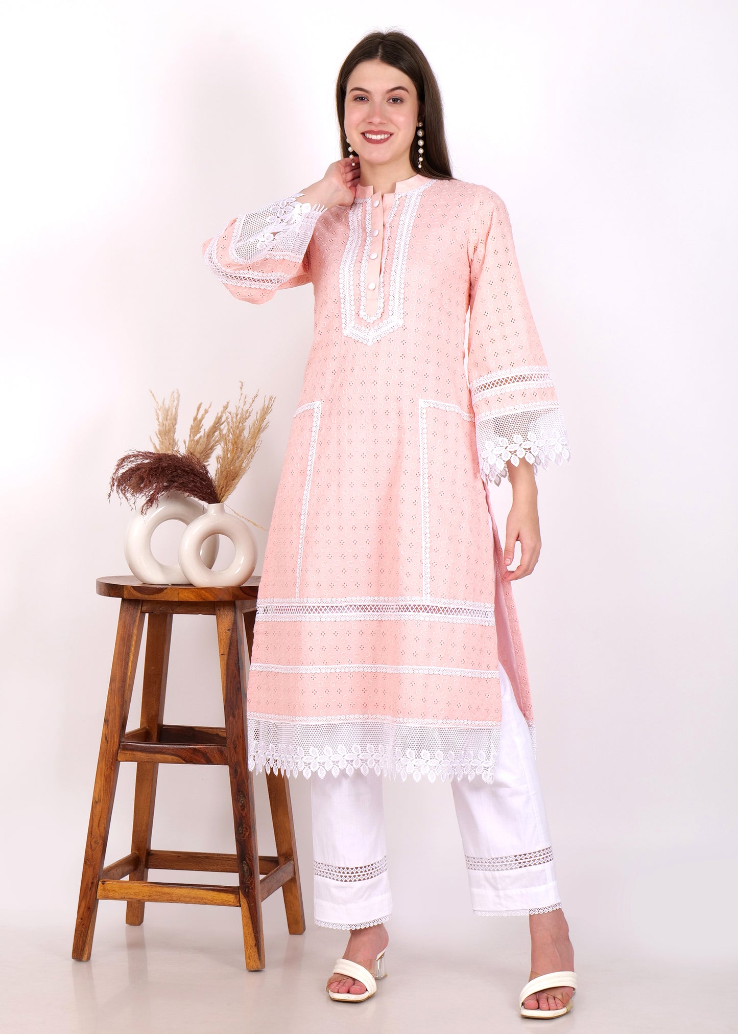 Blush Pink Lace Trim Kurta Set